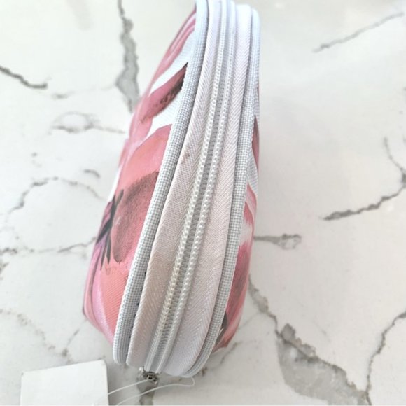 Pink White Floral Clamshell Cosmetics Makeup Bag - Picture 3 of 5